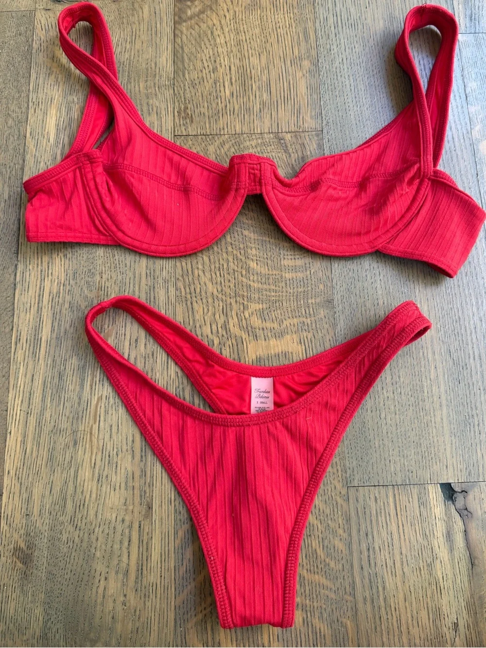 Frankie’s Bikinis Red Ribbed Underwire Bikini Set